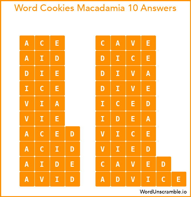 Word Cookies Macadamia 10 Answers
