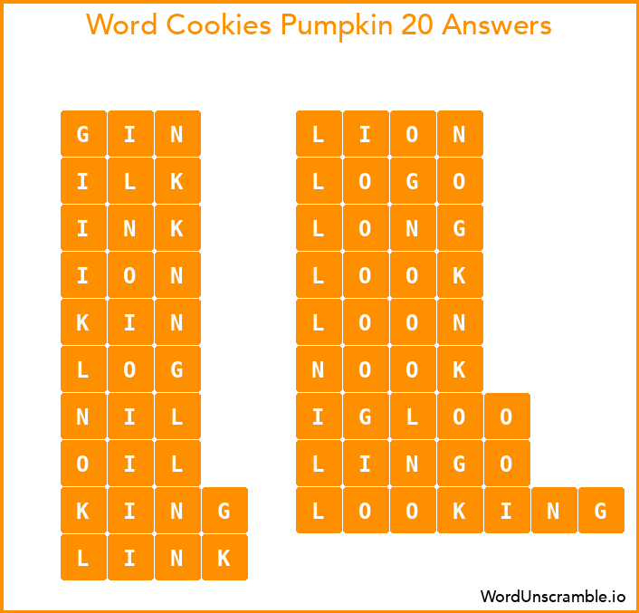 Word Cookies Pumpkin 20 Answers