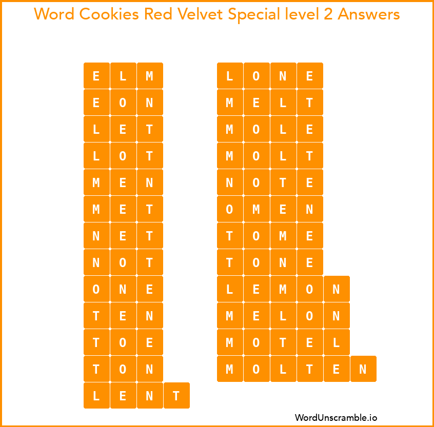 Word Cookies Red Velvet Special level 2 Answers