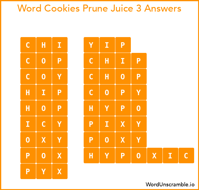 Word Cookies Prune Juice 3 Answers