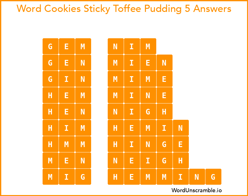 Word Cookies Sticky Toffee Pudding 5 Answers
