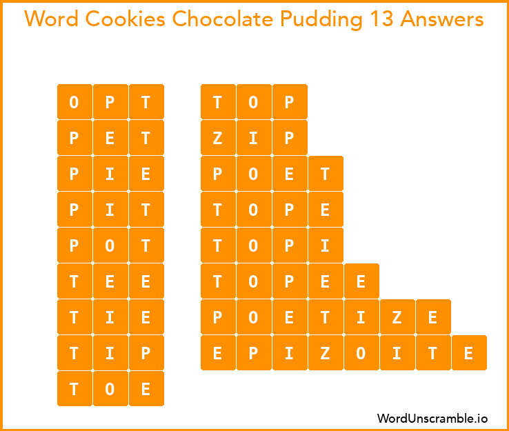 Word Cookies Chocolate Pudding 13 Answers