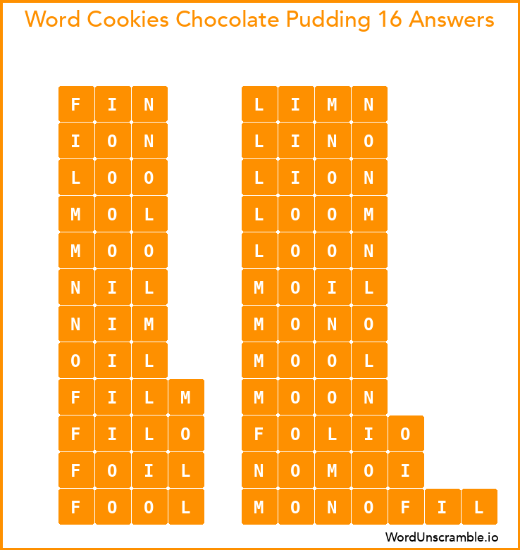 Word Cookies Chocolate Pudding 16 Answers