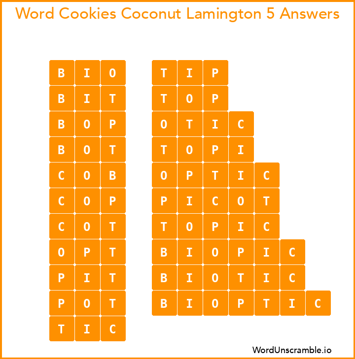 Word Cookies Coconut Lamington 5 Answers