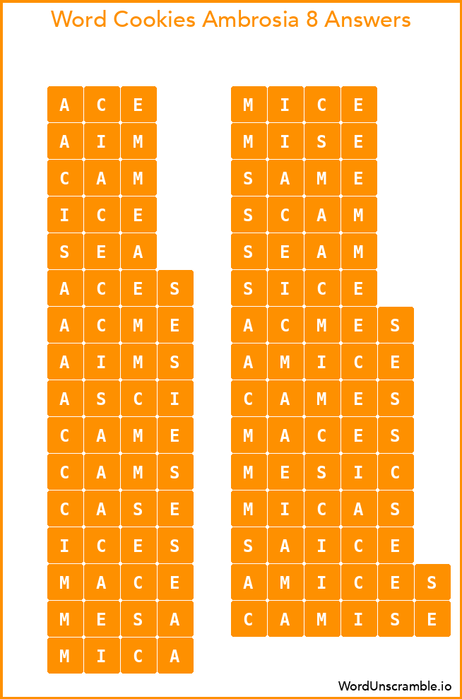 Word Cookies Ambrosia 8 Answers