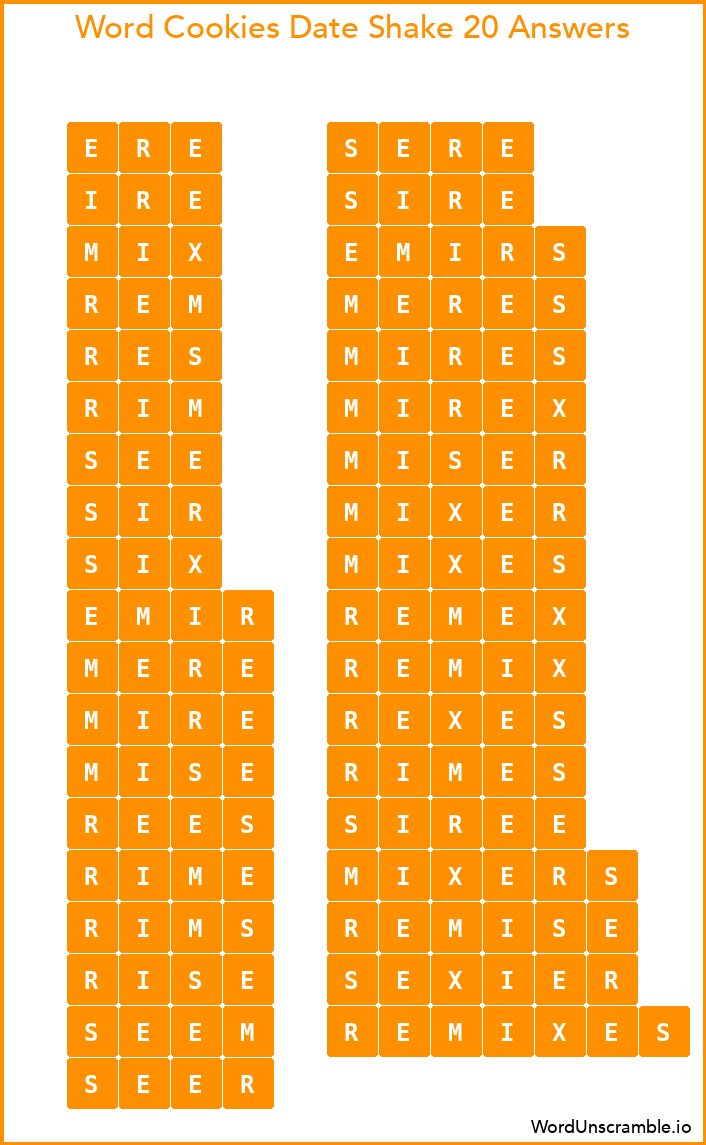 Word Cookies Date Shake 20 Answers