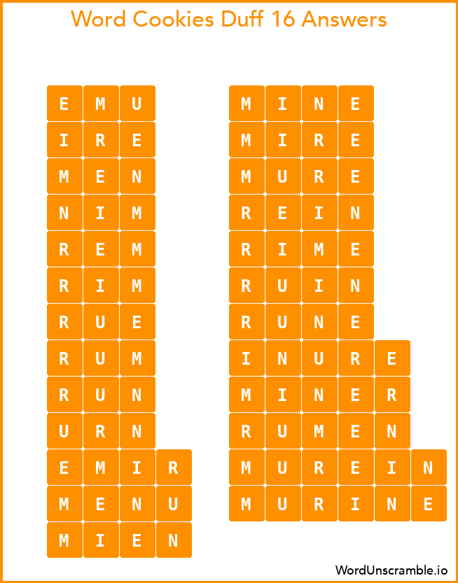 Word Cookies Duff 16 Answers