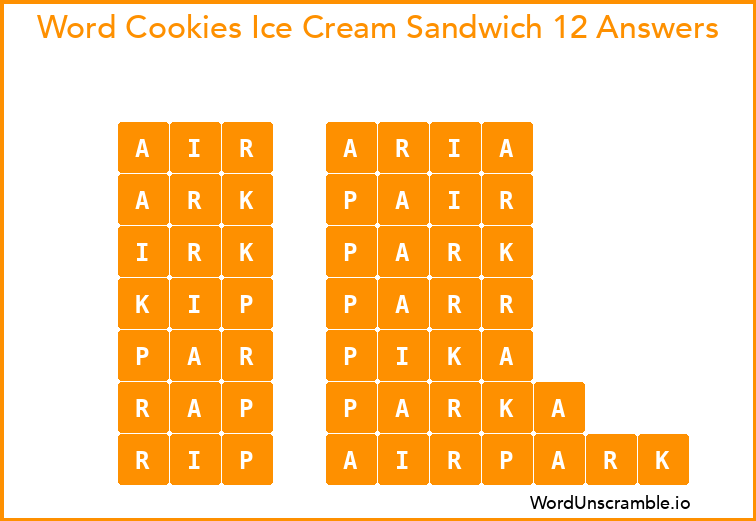 Word Cookies Ice Cream Sandwich 12 Answers