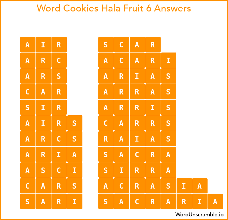 Word Cookies Hala Fruit 6 Answers