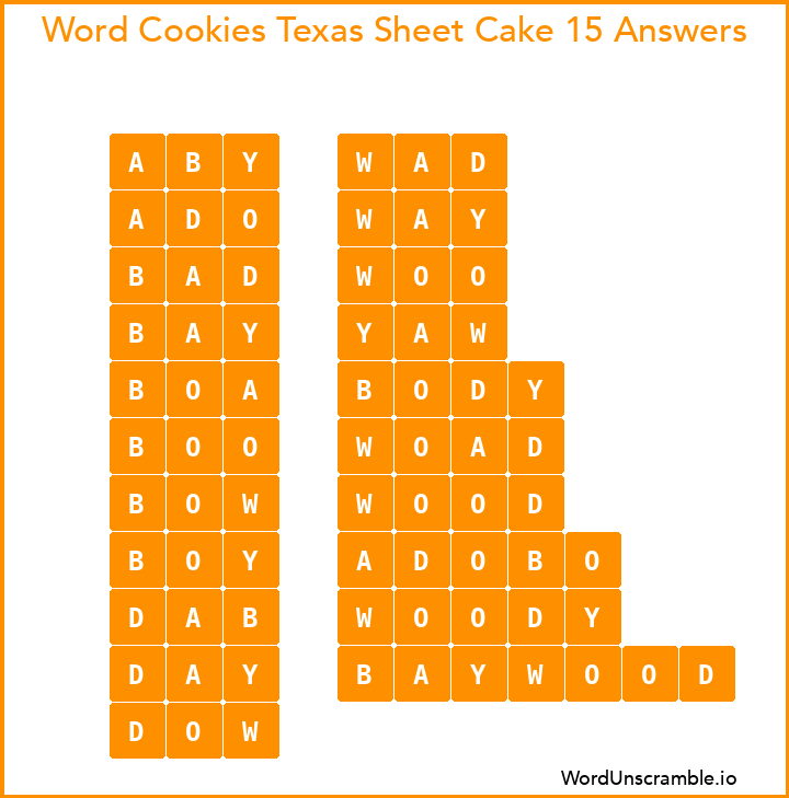 Word Cookies Texas Sheet Cake 15 Answers