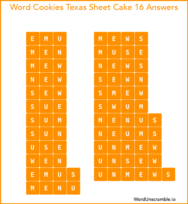 Word Cookies Texas Sheet Cake 16 Answers