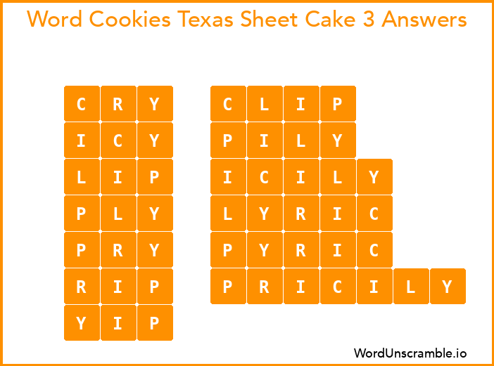 Word Cookies Texas Sheet Cake 3 Answers