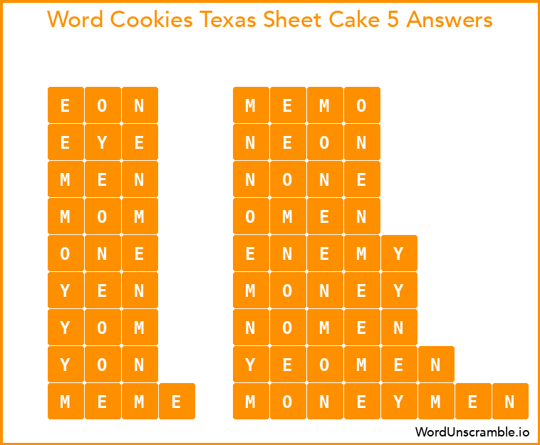 Word Cookies Texas Sheet Cake 5 Answers