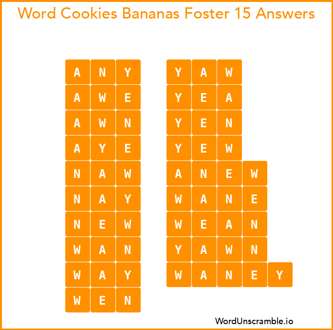 Word Cookies Bananas Foster 15 Answers