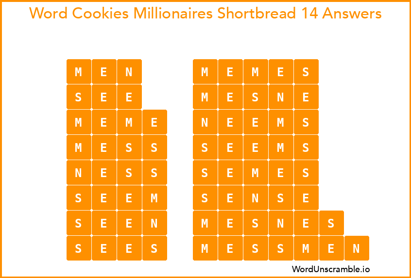 Word Cookies Millionaires Shortbread 14 Answers