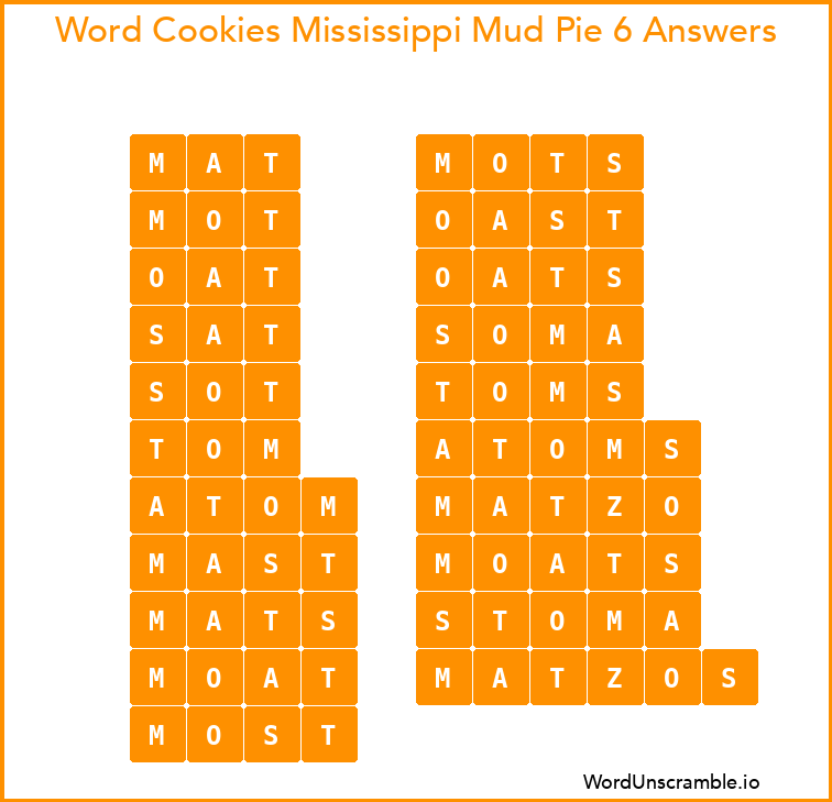 Word Cookies Mississippi Mud Pie 6 Answers