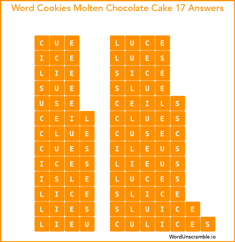 Word Cookies Molten Chocolate Cake 17 Answers