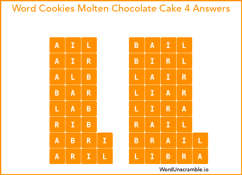 Word Cookies Molten Chocolate Cake 4 Answers