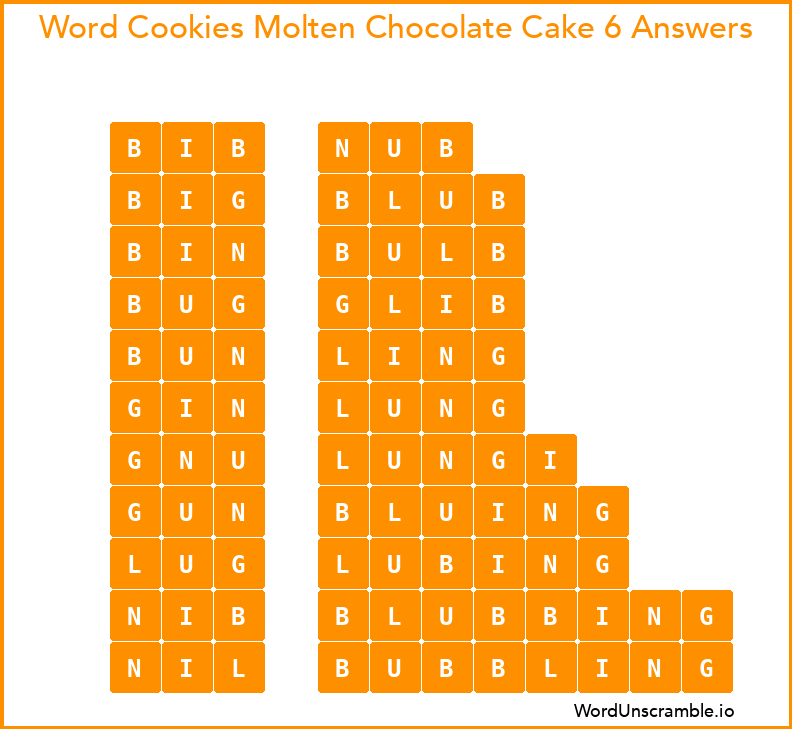 Word Cookies Molten Chocolate Cake 6 Answers