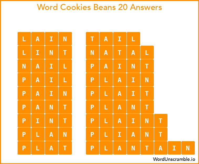 Word Cookies Beans 20 Answers