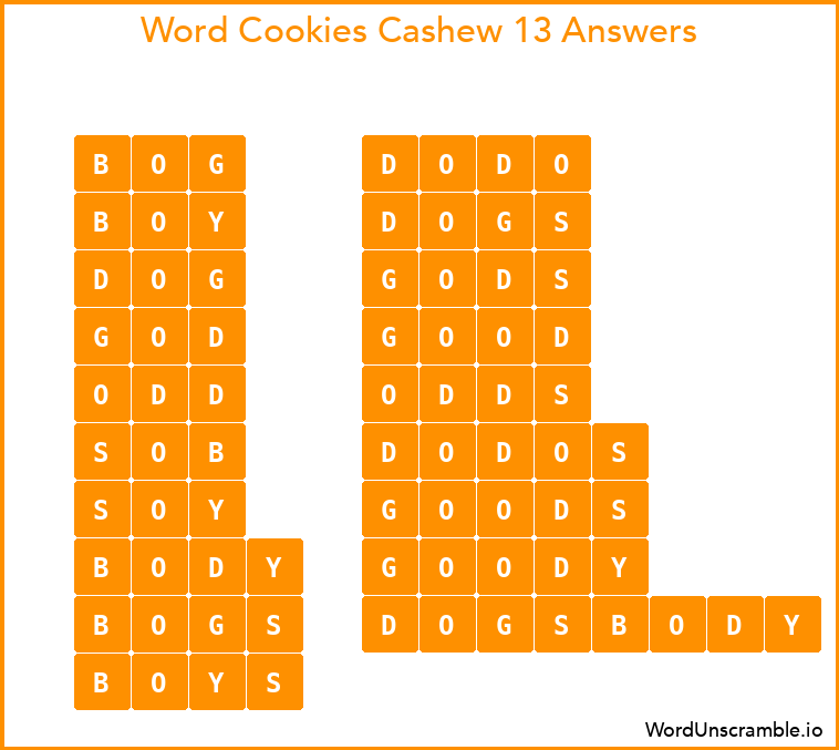Word Cookies Cashew 13 Answers