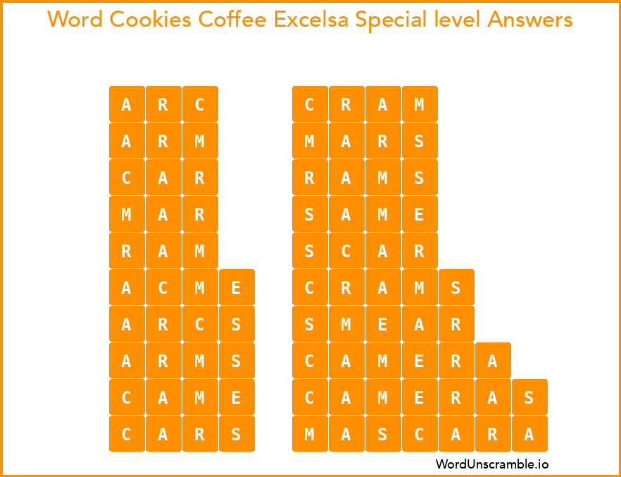 Word Cookies Coffee Excelsa Special level Answers