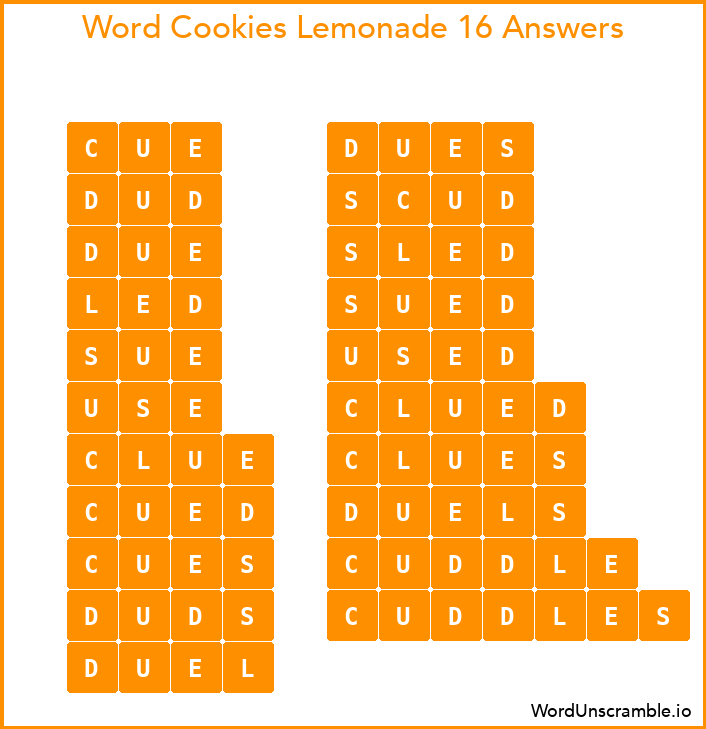 Word Cookies Lemonade 16 Answers