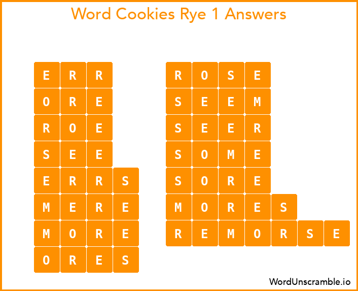 Word Cookies Rye 1 Answers