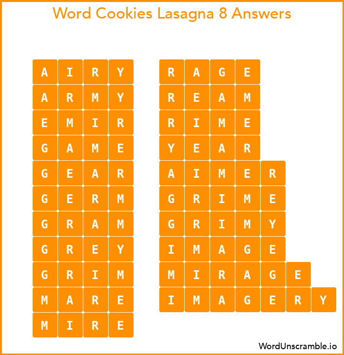 Word Cookies Lasagna 8 Answers