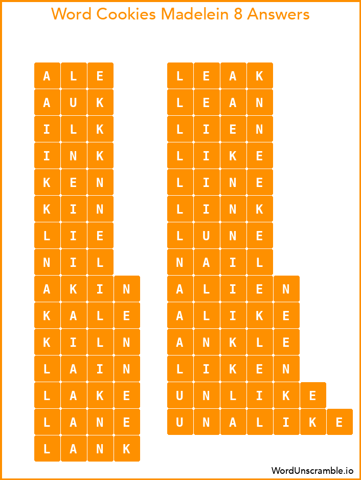 Word Cookies Madelein 8 Answers