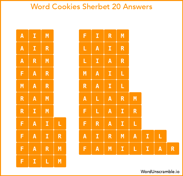 Word Cookies Sherbet 20 Answers