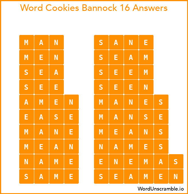 Word Cookies Bannock 16 Answers