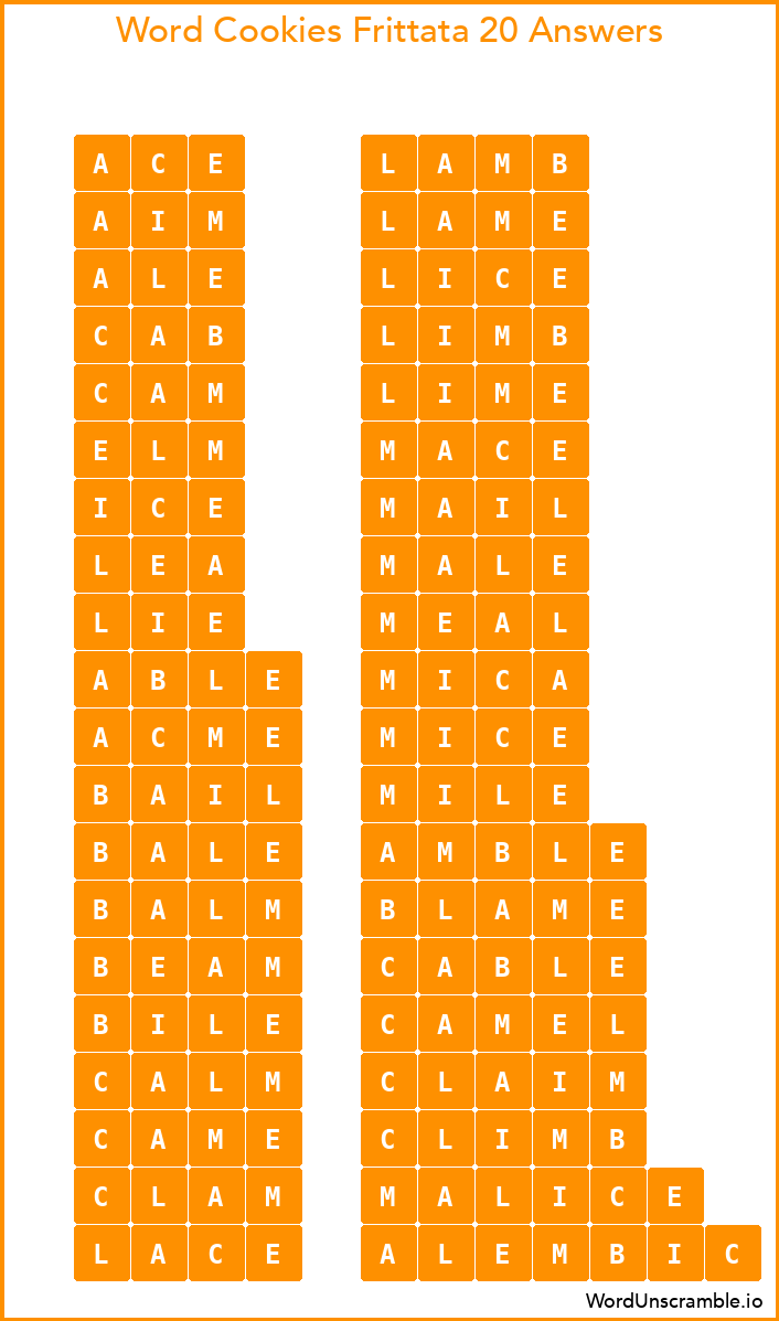 Word Cookies Frittata 20 Answers