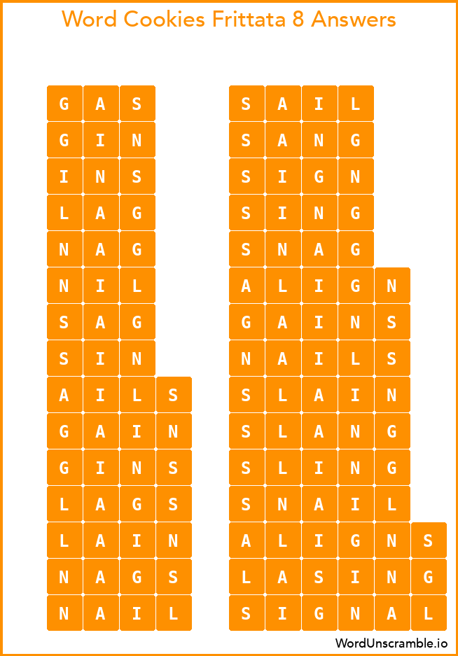 Word Cookies Frittata 8 Answers