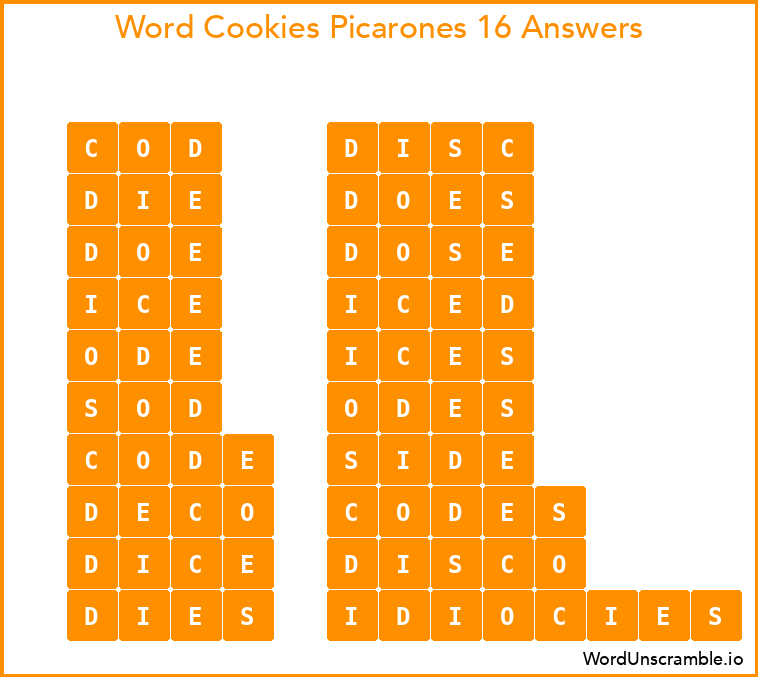Word Cookies Picarones 16 Answers