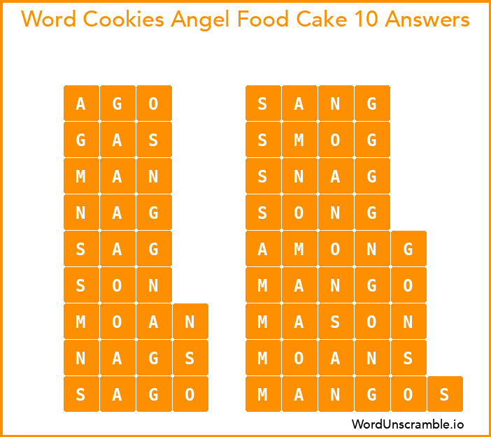Word Cookies Angel Food Cake 10 Answers