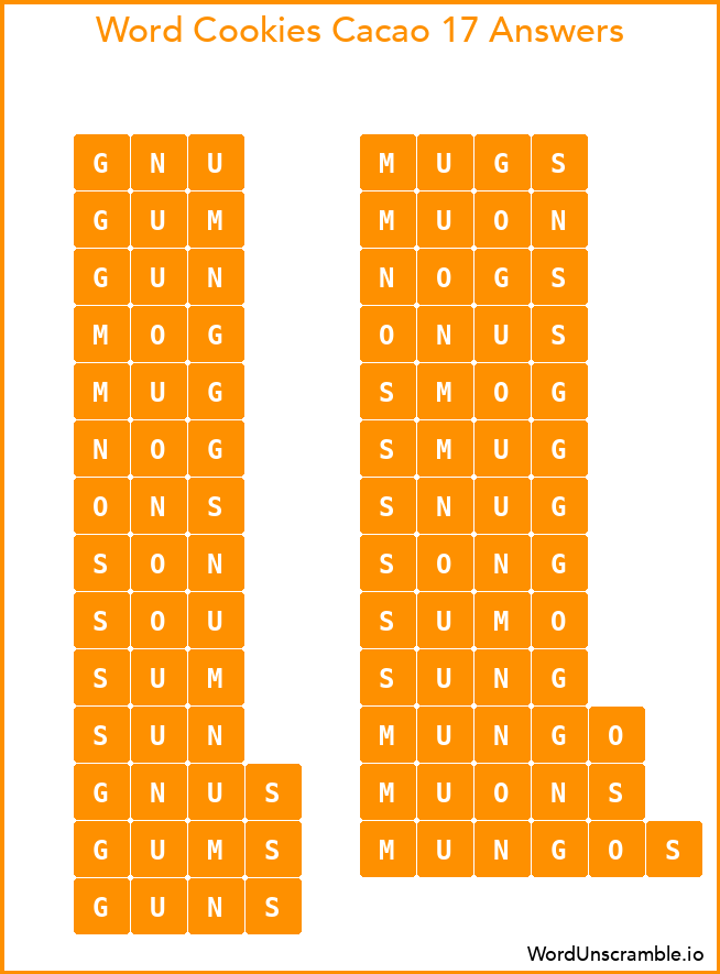 Word Cookies Cacao 17 Answers