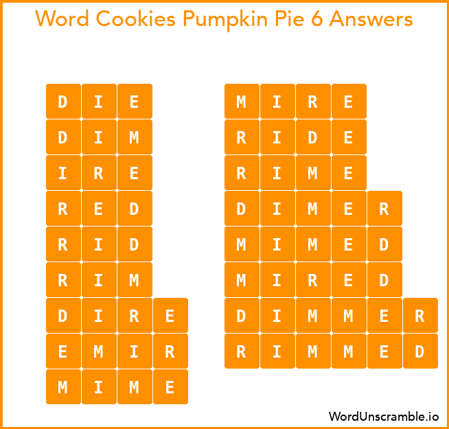 Word Cookies Pumpkin Pie 6 Answers