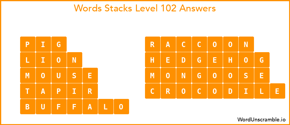 Word Stacks Level 102 Answers