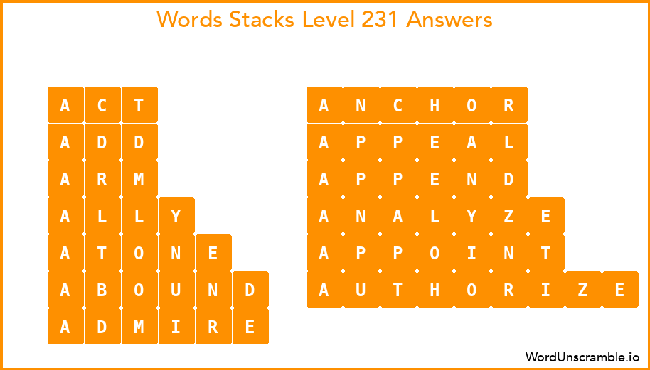 Word Stacks Level 231 Answers