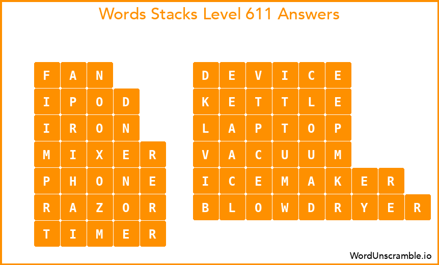Word Stacks Level 611 Answers