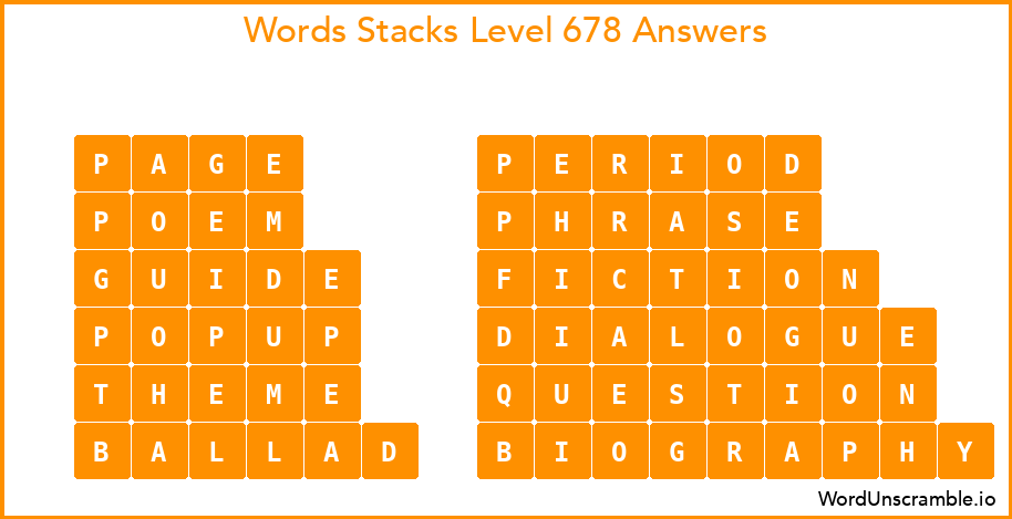 Word Stacks Level 678 Answers