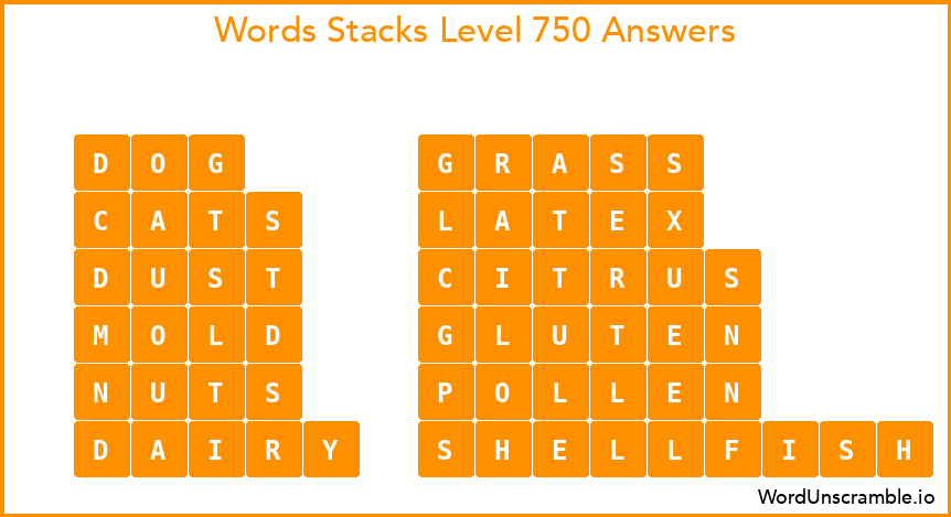 Word Stacks Level 750 Answers