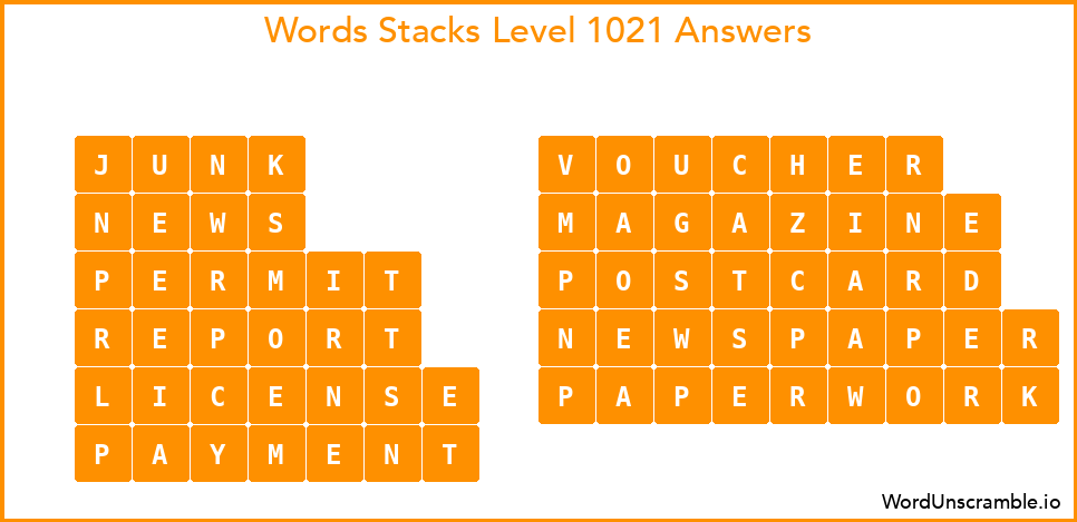 Word Stacks Level 1021 Answers