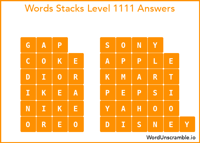 Word Stacks Level 1111 Answers