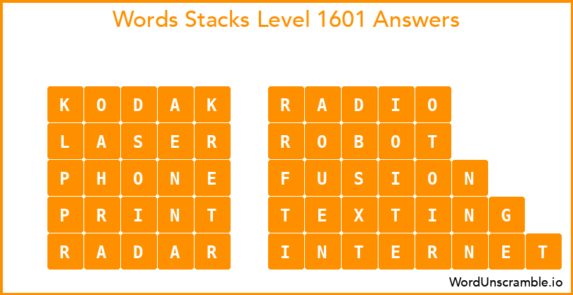 Word Stacks Level 1601 Answers