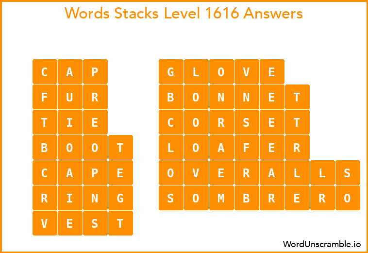 Word Stacks Level 1616 Answers