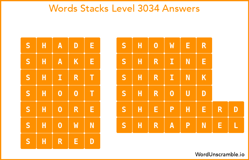 Word Stacks Level 3034 Answers
