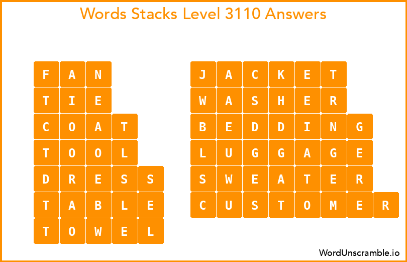 Word Stacks Level 3110 Answers