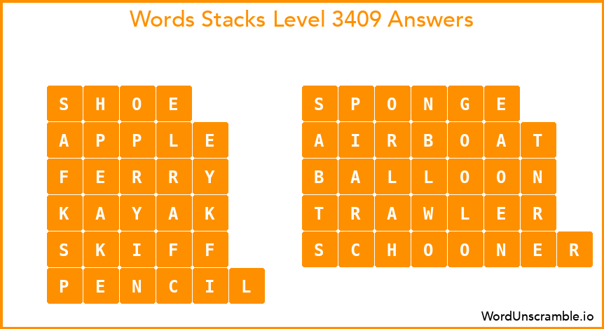 Word Stacks Level 3409 Answers